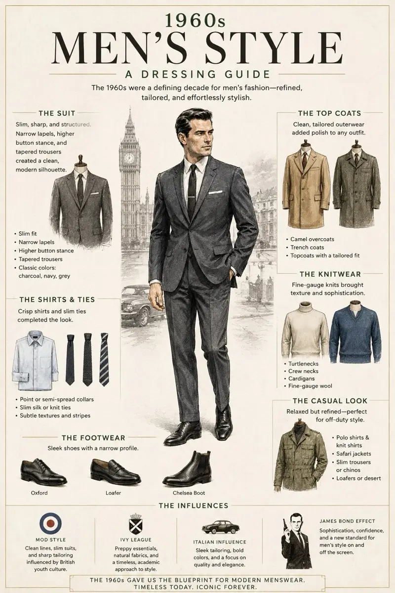 Men wearing slim-fit charcoal suits with narrow lapels in the early 1960s Continental style