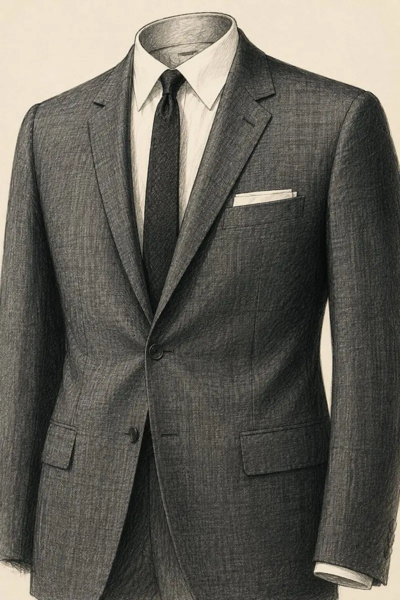 Tailored Mod-style suit with three-button jacket, ticket pocket, and side vents